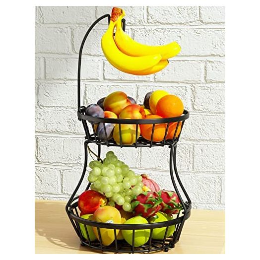 2-Tier Fruit Basket Bowl Stackable Vegetable Storage with Banana Tree Hanger Stand for Kitchen Countertop, Metal Wire Basket for Bread Onions Potatoes Black