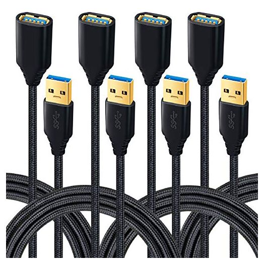 USB 3.0 Extension Cable, 4Pack [6ft] USB A Male to Female Braided Extender Cord 5Gbps Fast Data Transfer for Hard Drive, Keyboard, Mouse, Webcam, USB Flash Drive, Printer - Black