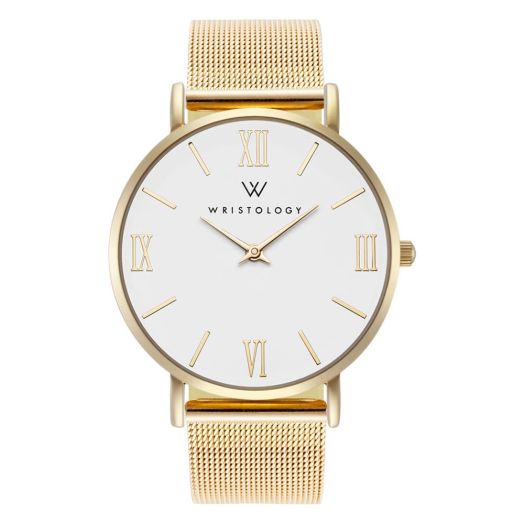 Wristology Roman Numerals Boyfriend Watch Gold with Interchangeable Metal Mesh Milanese Watch Band - Large Easy Read Analog Face for Women, Men, Unisex Stella Collection