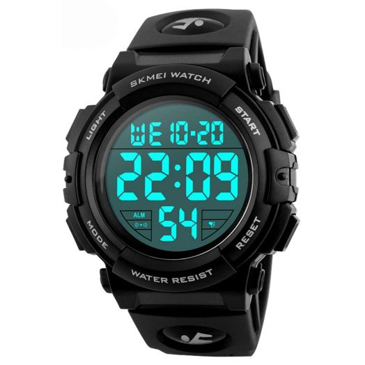 Gosasa Men 's Large Face Digital Outdoor Sports Waterproof Watch LED Luminous Alarm Stopwatch Simple Army (Black)