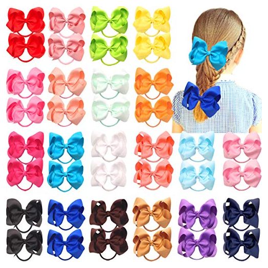 40Pcs 4.5 Inches Boutique Pops Hair Bows Elastic Hair Ties Grosgrain Ribbon Big Cheer Bow Ponytail Holder