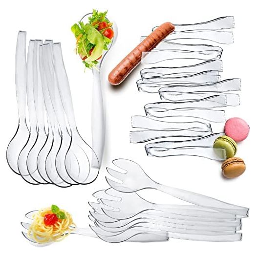 Set of 12 - Heavy Duty Disposable Plastic Serving Utensils, Four 10” Spoons and Forks, Four 6-1/2” Tongs,Clear