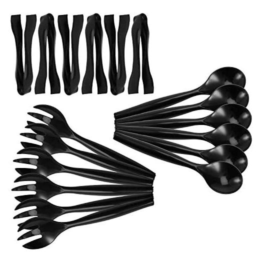 Set of 18 - Heavy Duty Disposable Plastic Serving Utensils, Six 10” Spoons and Forks, Six 6-1/2” Tongs, Black