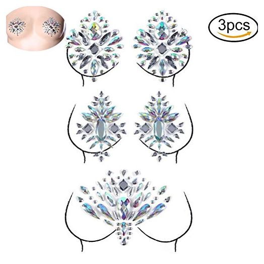 WWahuayuan 3 Sheets Crystal Festival Face Jewels Gem Nipple Chest Sticker Party Bindi Body Jewelry Stickers Nightclub Masquerade Rhinestone Makeup Tattoo Temporary Face Rocks