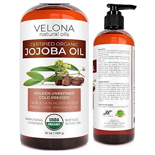 Velona Jojoba Oil USDA Certified Organic - 16 oz (With Pump) | 100% Pure and Natural | Golden, Unrefined, Cold Pressed, Hexane Free | Moisturizing Face, Hair, Body, Skin Care, Stretch Marks, Cuticles