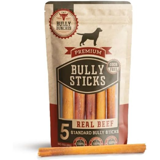 Bully Bunches Premium 6 Inch Standard Odor-Free Bully Sticks for Small Dogs & Puppies - Long Lasting Dog Chew Bones - All Natural & Fully Digestible, 100% Beef Dog Treats, Rawhide Free (5 Pk)