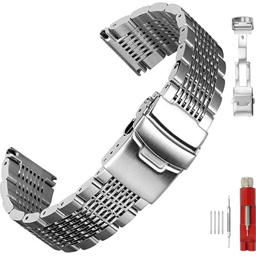 Hstrap 22mm Stainless Steel Watch Bands Silver Men Metal Watch Band Deployment Buckle Brushed Polished Watch Strap for Women