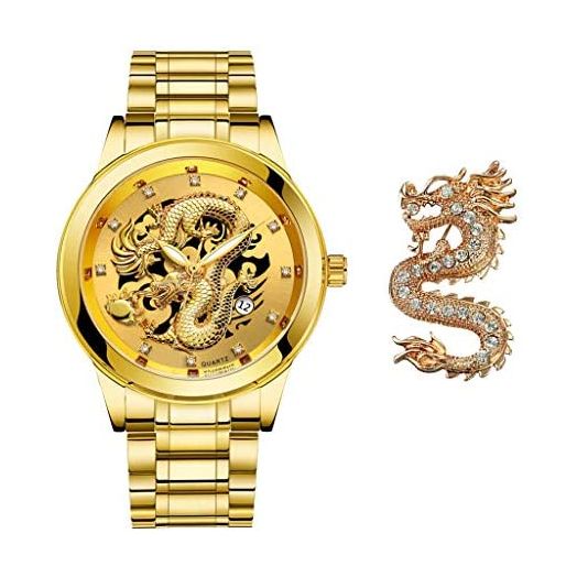 Udaney Mens Dragon Quartz Business Wristwatch Stainless Steel Strap Father Husband Son