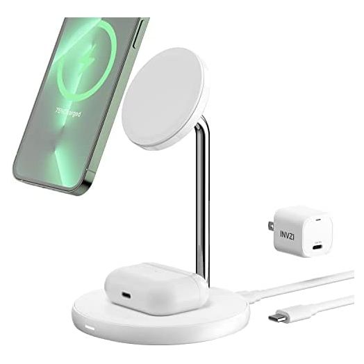 INVZI MagFree Wireless Charger Stand for MagSafe [Apple MFM Certified], 2-in-1 15W Wireless Fast Charging iPhone Charger with 33w GaN Power Adapter for iPhone 13/12, Pro/Pro Max/Mini, AirPods 3/Pro