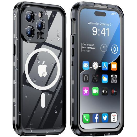 Design for iPhone 15 Pro case Waterproof 6.1'', Full Body Dust Proof Shockproof Phone Case Cover with Screen Protector- Black