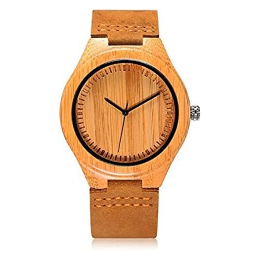CUCOL Men's Bamboo Wooden Watch with Brown Cowhide Leather Strap Japanese Quartz Movement Casual Watches
