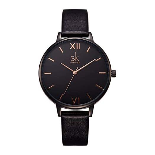 SHENGKE Watches for Women Wrist for Women Quartz Leather Strap Minimalist Formal Casual Women Watch Waterproof Black with Gift Box