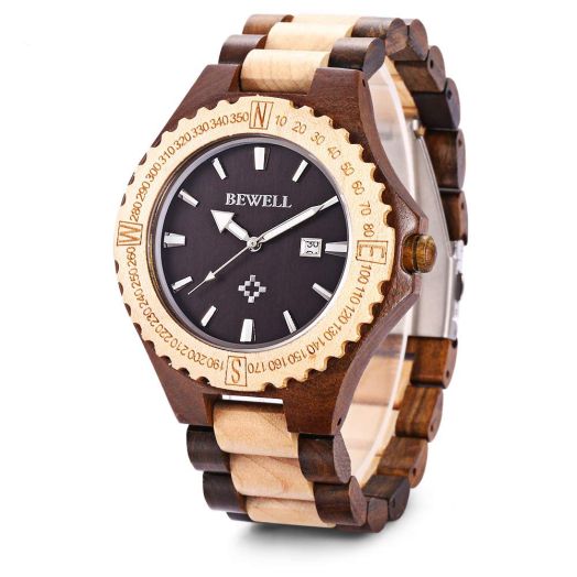 BEWELL ZS-W023A Mens Wooden Watch Quartz Movement Lightweight Handmade Calendar Analog Wrist Watch