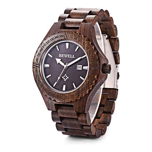 BEWELL ZS-W023A Mens Wooden Watch Quartz Movement Lightweight Handmade Calendar Analog Wrist Watch