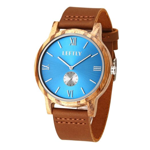 LEFTLY Mens Wooden Watch Handmade Zebra Wood Leather Band Blue Dial Lightweight Quartz Movement Analog Wrist Watch