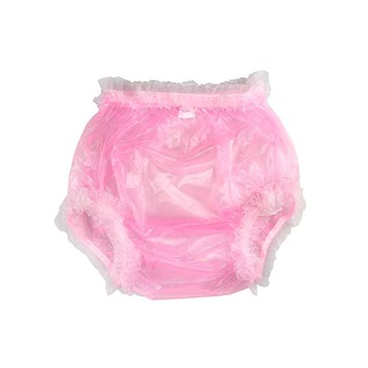 Haian Adult Incontinence Pull-on Plastic Pants Lace Panties with White Lace (Large, Transparent Pink)
