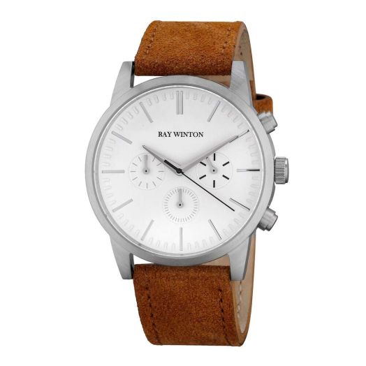 Men's Chronograph White Dial Light Brown Suede Leather Watch