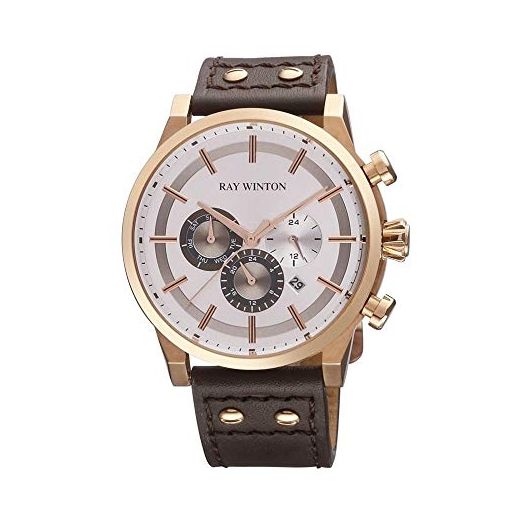 Men's Gold Multi-Function Silver Dial Genuine Brown Leather Strap Watch