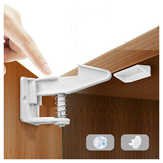 Mybabyly Baby Proofing Cabinet Locks – 12 pcs No Drill Baby Proofing Locks for Cabinets and Drawers with 4 Corner Protectors and 2 Covers – Adhesive Baby Cabinet Safety Latches - White