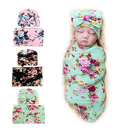 BQUBO Newborn Floral Receiving Blankets Newborn Baby Swaddling Hats Sleepsack Toddler Warm 3 Pack