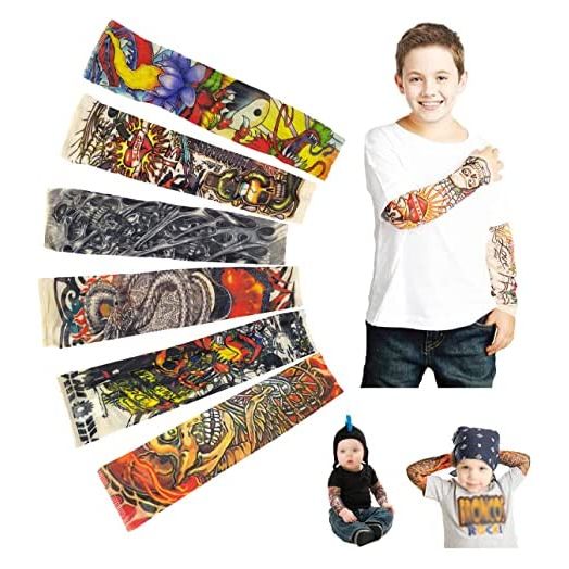 Temporary Tattoo Sleeves for Kids, Fake Slip On Arm Sunscreen Sleeves, 6pcs - Eagle,Skull,Dragon,Clown, Snake,etc