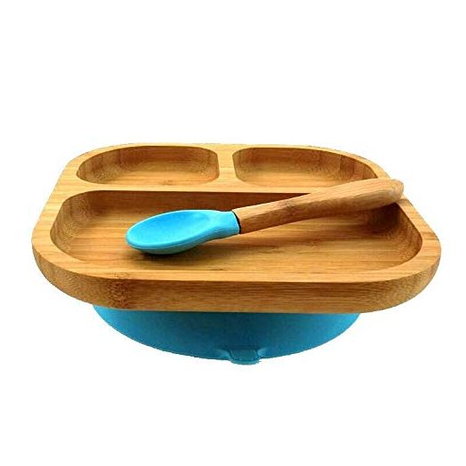 Baby Toddler Stay Put Dish, Kids Suction Plate, Bamboo Cute Dinnerware (Blue)