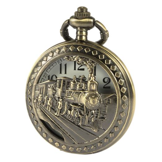 SIBOSUN Antique Men Pocket Watch with Chain Bronze Case 3D Locomotive Steam Train Railroad Hollow + Box