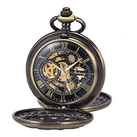 Pocket Watch Skeleton Mechanical Double Case Hand-Wind SIBOSUN Roman Numerals Antique Chain Mens