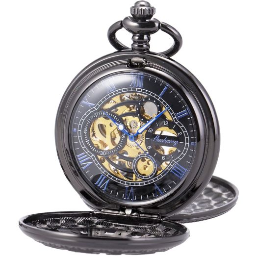 SIBOSUN Pocket Watch Skeleton Mechanical Double Case Hand-Wind Roman Numerals Antique Chain Mens