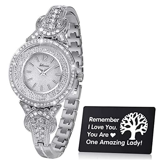 SIBOSUN Lady Women Wrist Watch Quartz Stainless Steel Crystal Dress Fashion Bracelet + Life Tree Family Tree Card Amazing Lady for Mother Sister Girlfriend Mother-in-Law