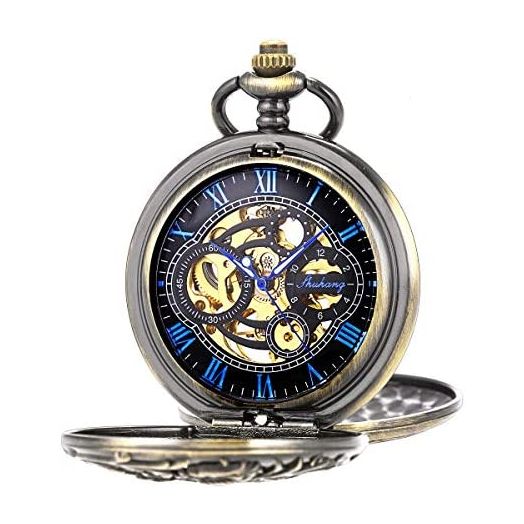 SIBOSUN Pocket Watch Mechanical Skeleton Roman Numerals Steampunk Double Case Fob Watch for Men Women with Chain