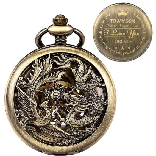 SIBOSUN Personalized Pocket Watch Engraved Skeleton Mechanical to Son Gift Birthday Dragon Phoenix Mens