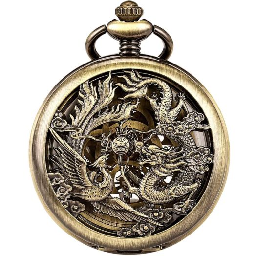 oyeaho Mechanical Pocket Watches for Men, Lucky Dragon and Phoenix, Skeleton Pocket Watch with Chain