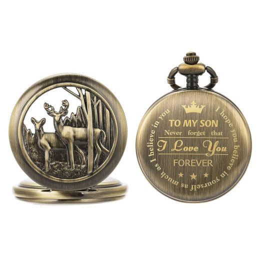 Pocket Watches to My Son Forever Gifts for Son from Mom Dad Vintage Retro Quartz Deer Fob Watches for Men Birthday Graduation Christmas Anniversary Wedding Gifts