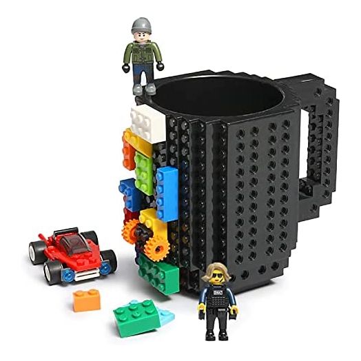 Build-on Brick Coffee Mug, Funny DIY Novelty Cup with Building Blocks Creative for Kids Men Women Xmas Birthday (Cool Black)