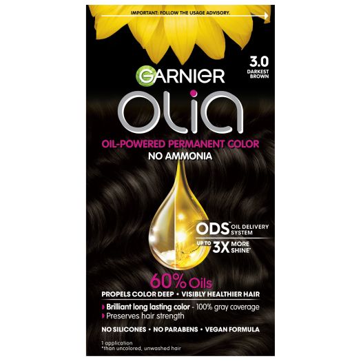 Garnier Olia Oil Powered Permanent Hair Color, 3.0 Darkest Brown, 1 Kit
