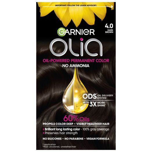 Garnier Olia Oil Powered Permanent Hair Color, 4.0 Dark Brown, 1 Kit