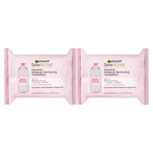 Makeup Remover Micellar Cleansing Wipes, Gentle for all Skin Types by Garnier SkinActive, 25 Count, 2 Pack