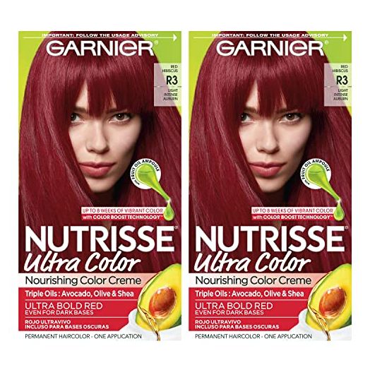 Garnier Nutrisse Ultra Color Nourishing Permanent Hair Color Cream, R3 Light Intense Auburn Red Hair Dye (Pack of 2)