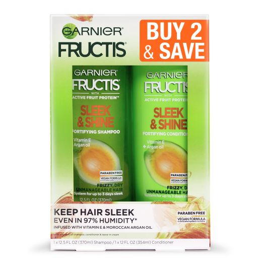 Garnier Fructis Sleek & Shine Frizz Control Daily Shampoo & Conditioner, Full Size Set, 2 Piece