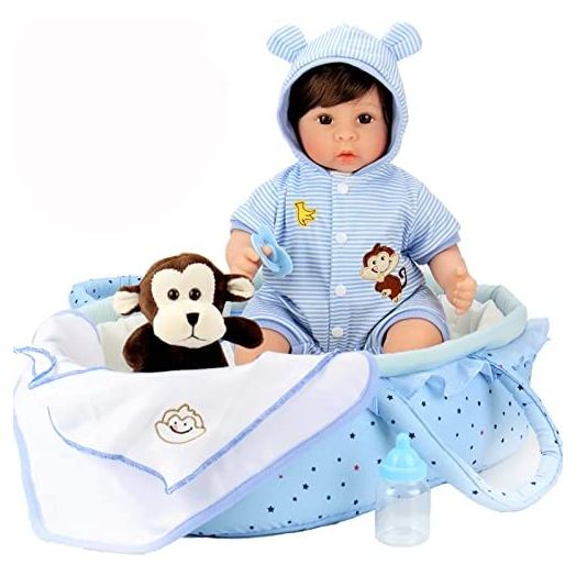 Aori Reborn Baby Doll 18 inch Lifelike Weighted Boy Dolls with Monkey Gift Sets 8 Piece with Baby Carrier Blue Bassinet