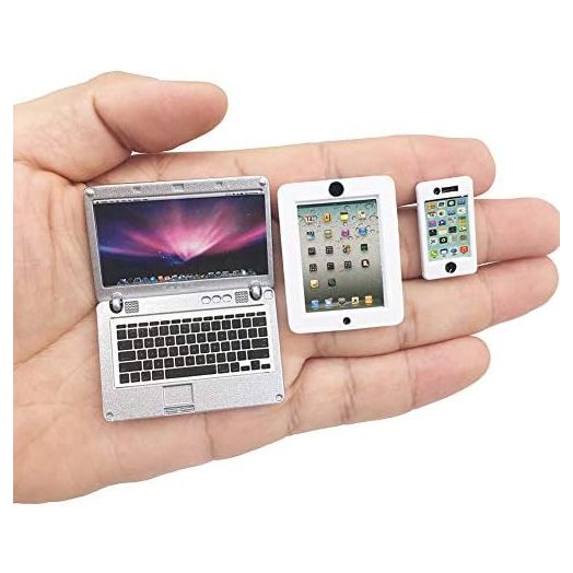 3 Pack Dollhouse Mini Laptop Tablet and Smart Phone Scene Computer Simulation Accessories for Doll 1/6 1/12 Miniatures Silver