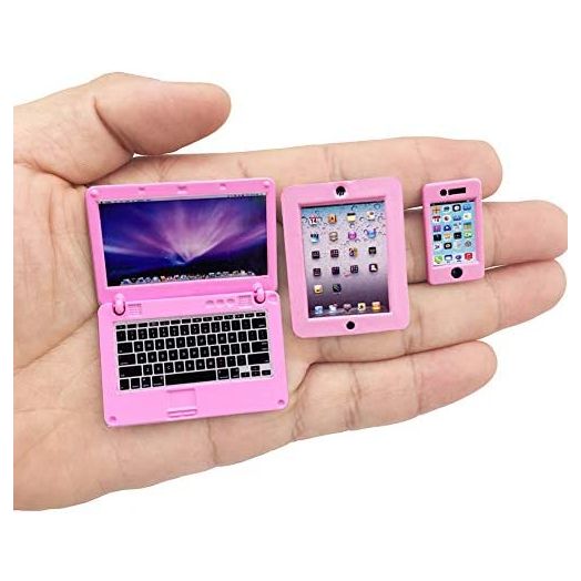 3 Pack Dollhouse Mini Laptop Tablet and Smart Phone Scene Computer Simulation Accessories for Doll 1/6 1/12 Miniatures Silver