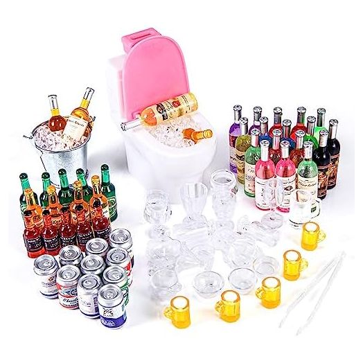 71 Pcs Miniature Ice Cubes Beer Bottles and Mini Drink Soda Pop Cans House Accessories for Fairy Garden Pub Bar Cake Decoration 1/12 Doll House Barrel Pretend Play DIY Party Toys Red Wine