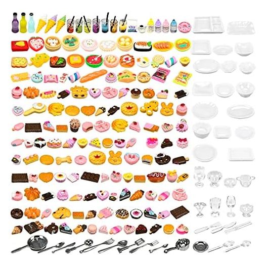 200pcs Miniature Landscape Food Drinks Bottle Mini Toys Doll House Kitchen Play Resin Dollhouse Accessories for Adults Teenagers Cooking Game Hamburger Ice Cream Cake Bread Tableware Party