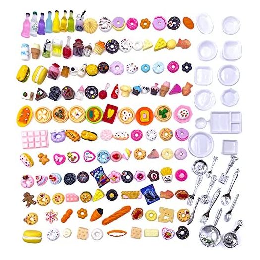 150Pcs Miniature Food Drink Bottles Adults Dollhouse Soda Pop Cans Pretend Play Kitchen Cooking Game Party Accessories Toys Hamburger Cake Ice Cream Pizza Bread Tableware Doll House Landscape Party