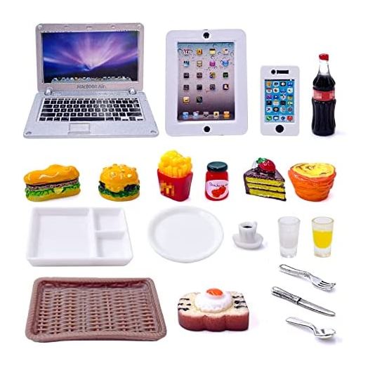 20Pcs Miniature Laptop Computer Tablet Toy Phone Pad and Hamburger Fries Cola Fast Food Cake Coffee Juice Fits Barbie Doll Accessories Scale Dollhouse Playsets Girl Mini Drink Food Party