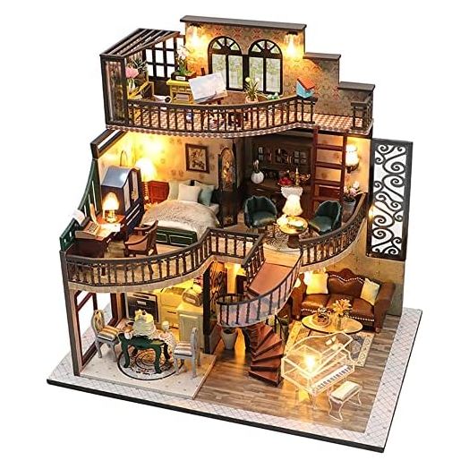 Lannso DIY Dollhouse Miniature Kit, Doll House Kit with Dust Proof Cover and Music Box, Mini Wooden Dollhouse Toys for Adult Gift(M2132)