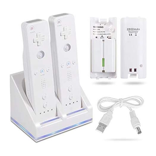 Rechargeable Battery Packs with Charger for Wii & Wii U Remote Controller,Montion Plus Controller(Dual Remote Charging Station Dock + 2 Pack 2800mAh Wii Replacement Batteries + USB Cable)