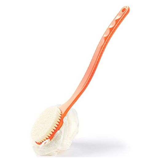 Shower Body Brush with Bristles and Loofah,Back Scrubber Bath Mesh Sponge with Curved Long Handle for Skin Exfoliating Bath, Massage Bristles Suitable for Wet or Dry, Men and Women(Orange)